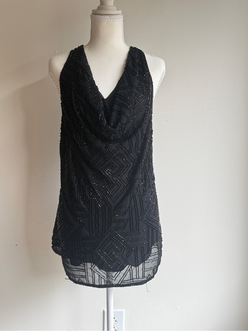 Alice + Olivia Black Beaded Draped Cowl Neck Camisole